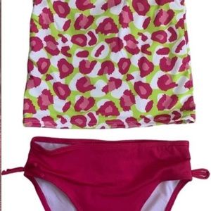 NWT Lily & Dan Girls 2 Piece Swim Set Medium Top & Bottom Green pink Tropical